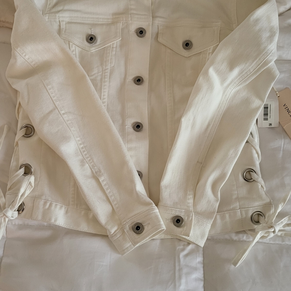 VINCE CAMUTO Womens White Point Collar Denim Jacket  Side Lace Detail Sz XS Nwt - Picture 4 of 12